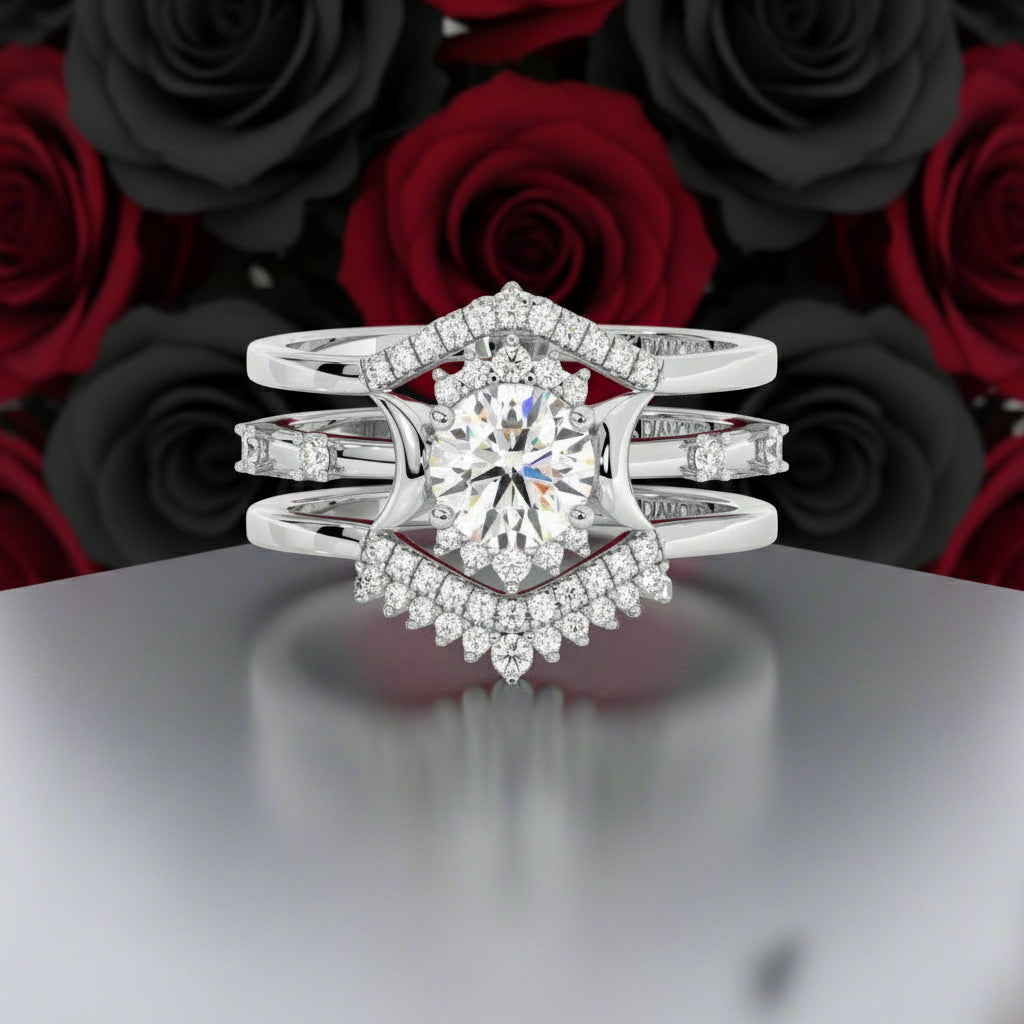 Full Moon- Radiant Celestial Moon Round Created Diamond Option Gothic Engagement Ring