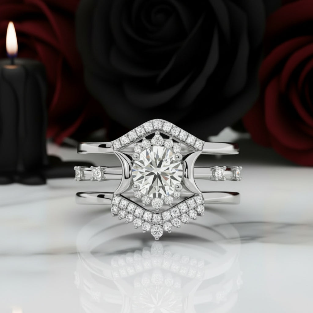 Full Moon- Radiant Celestial Moon Round Created Diamond Option Gothic Engagement Ring