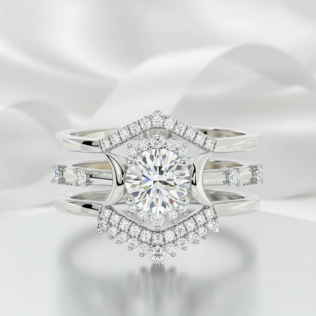 Full Moon- Radiant Celestial Moon Round Created Diamond Option Gothic Engagement Ring