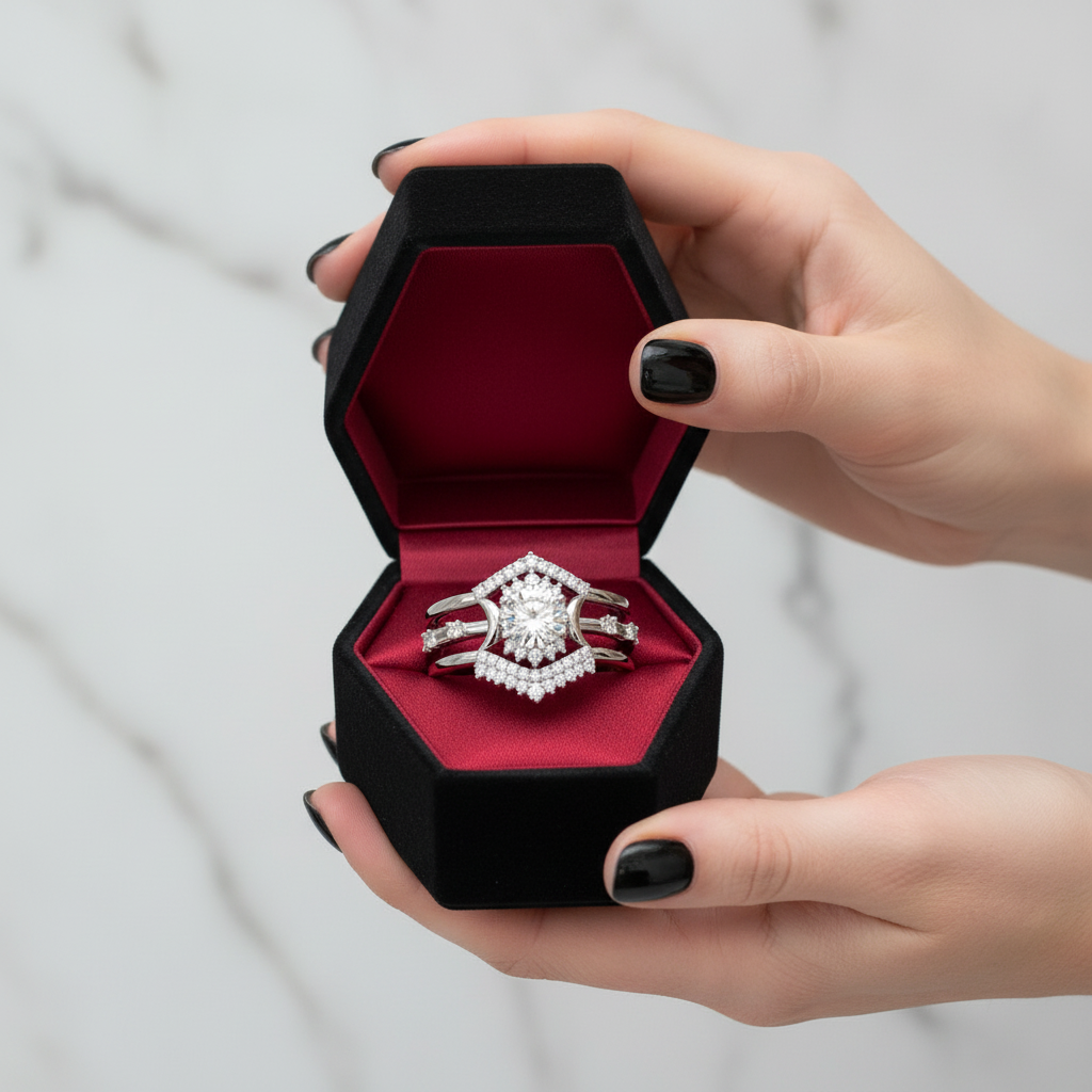 Full Moon- Radiant Celestial Moon Round Created Diamond Option Gothic Engagement Ring