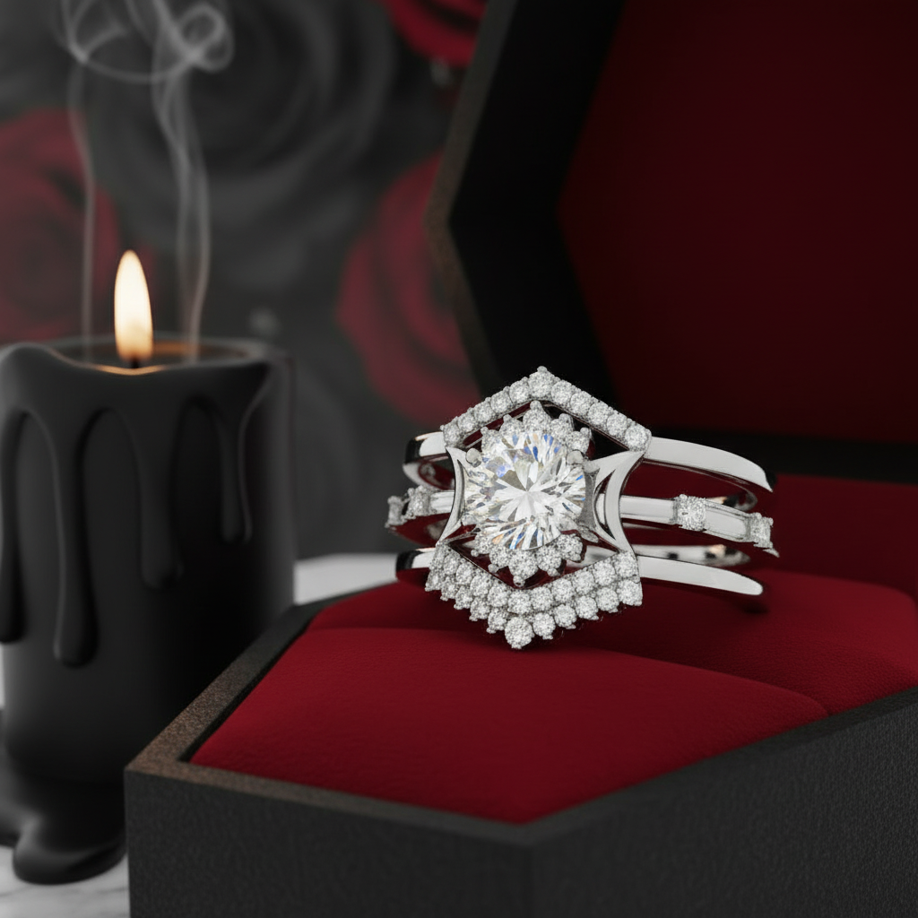 Full Moon- Radiant Celestial Moon Round Created Diamond Option Gothic Engagement Ring