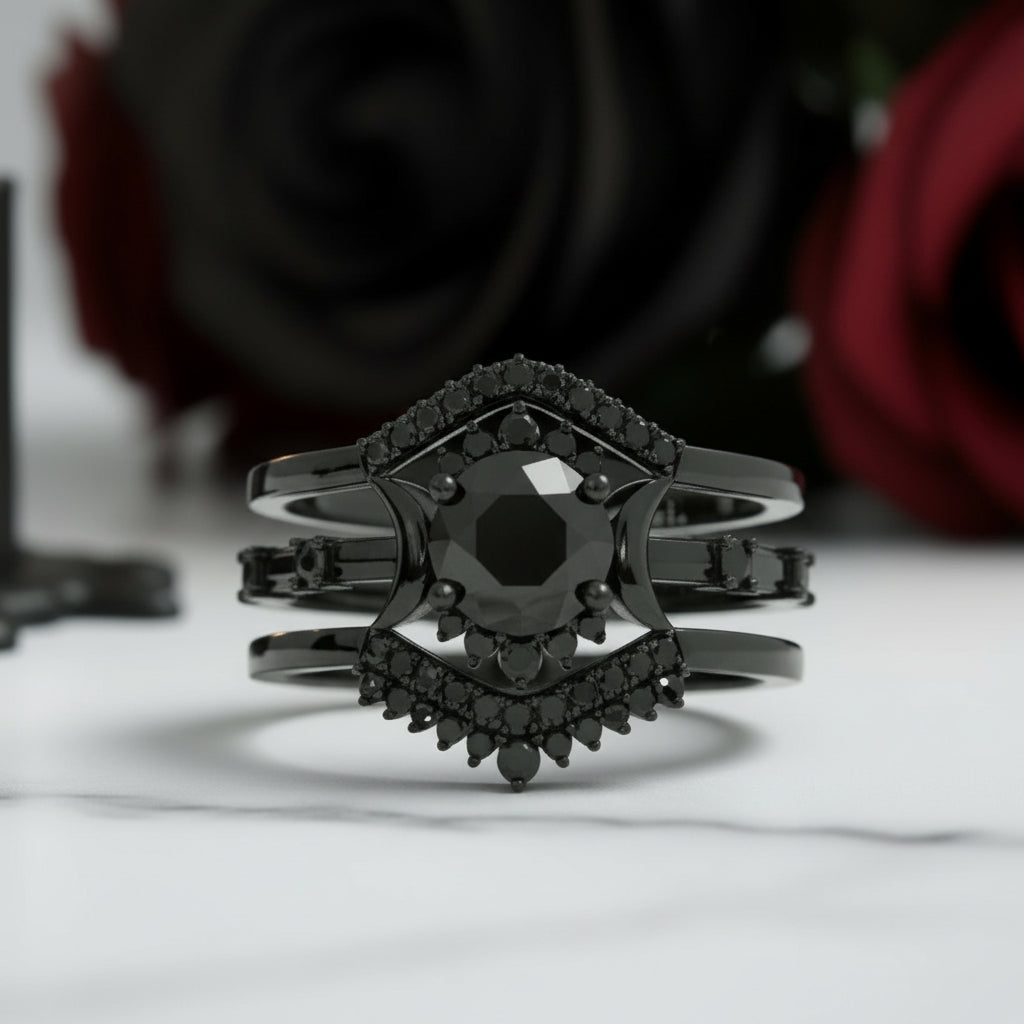 Full Moon- Radiant Celestial Moon Round Created Diamond Option Gothic Engagement Ring