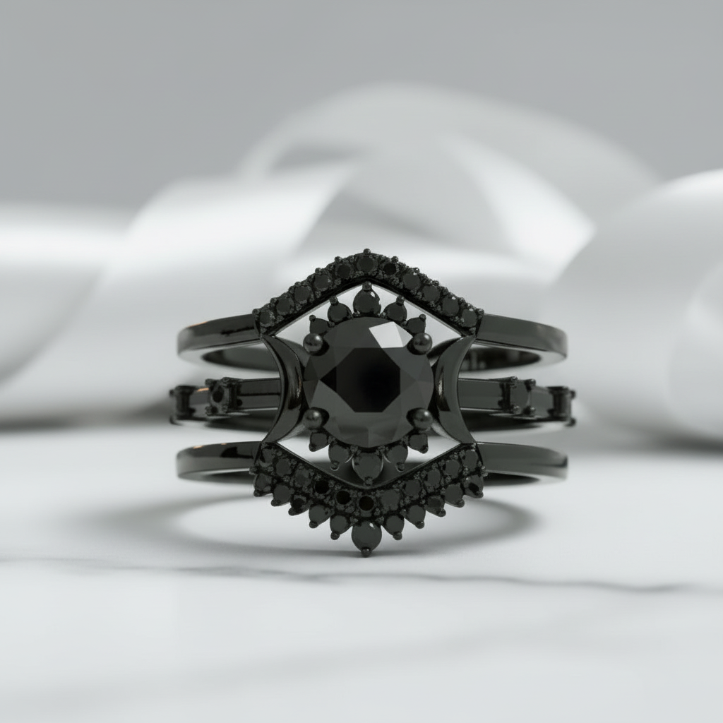 Full Moon- Radiant Celestial Moon Round Created Diamond Option Gothic Engagement Ring