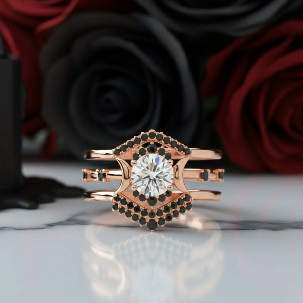 Full Moon- Radiant Celestial Moon Round Created Diamond Option Gothic Engagement Ring