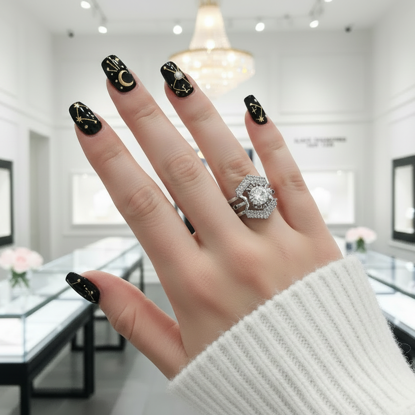 Full Moon- Radiant Celestial Moon Round Created Diamond Option Gothic Engagement Ring