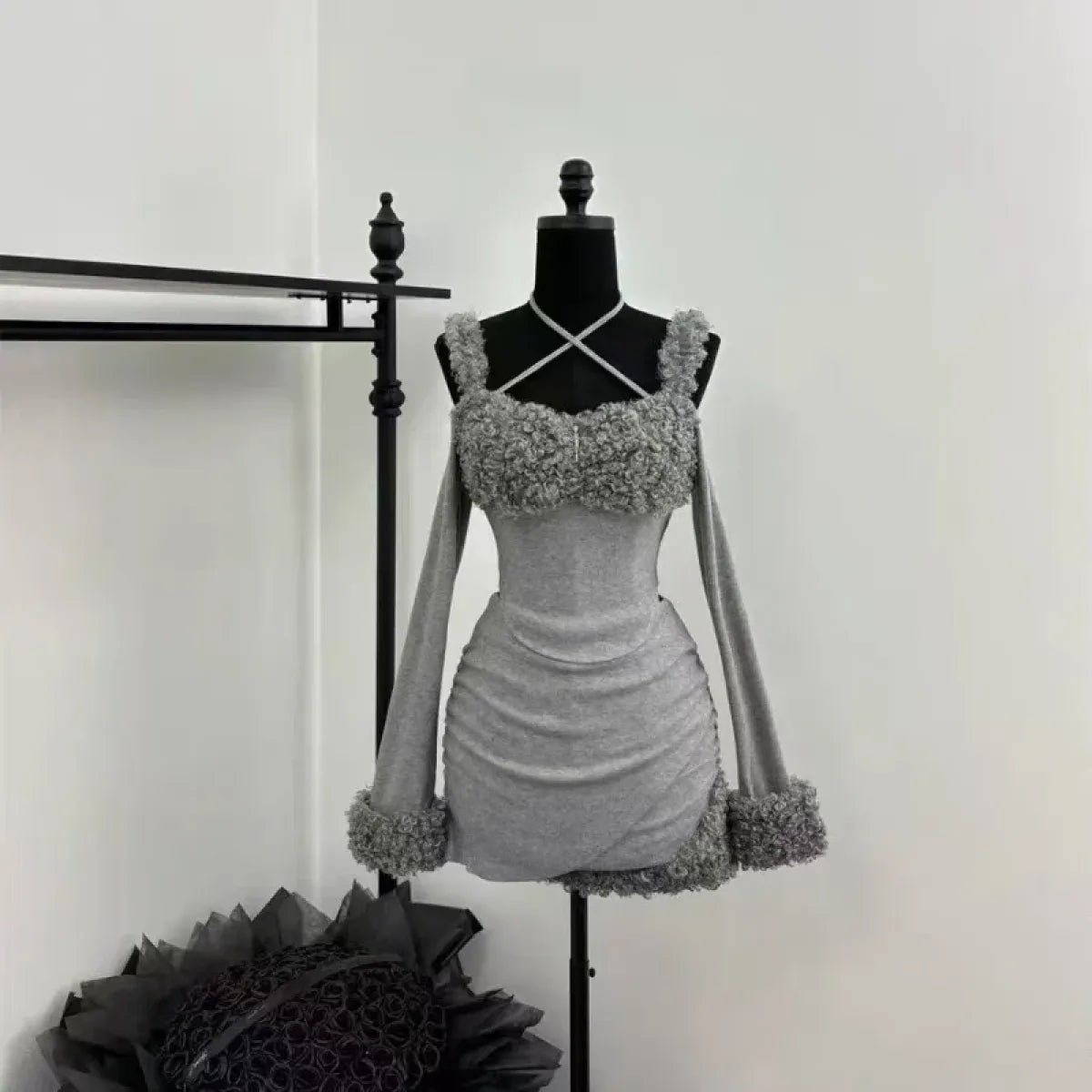 Furry Patchwork Halter Top & Ruched Skirt – Y2K Grunge