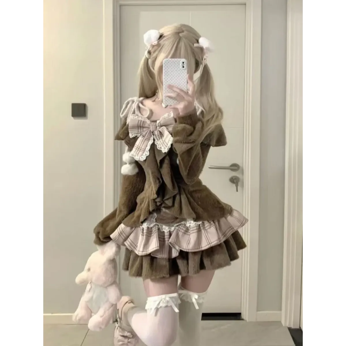 Fuzzy Lolita Set – Bow Top & Plaid Mini Skirt Kawaii