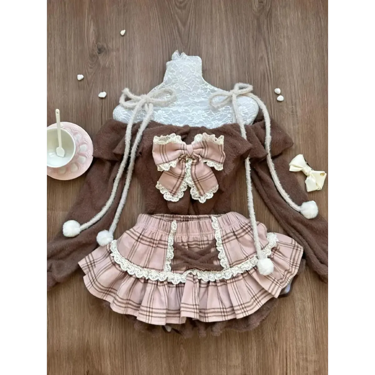 Fuzzy Lolita Set – Bow Top & Plaid Mini Skirt Kawaii