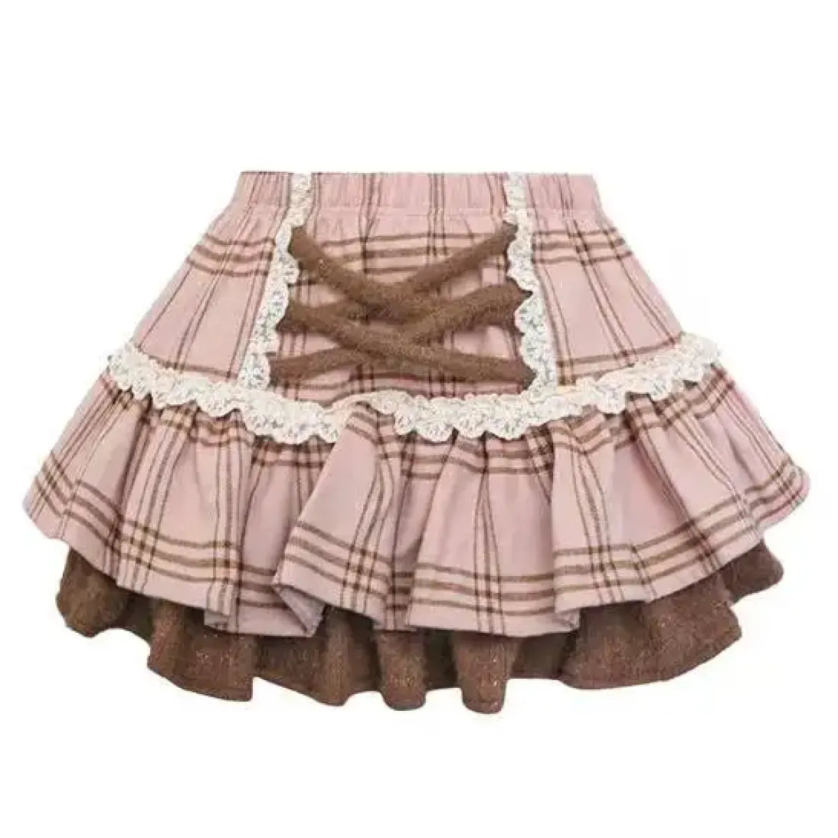 Fuzzy Lolita Set – Bow Top & Plaid Mini Skirt Kawaii