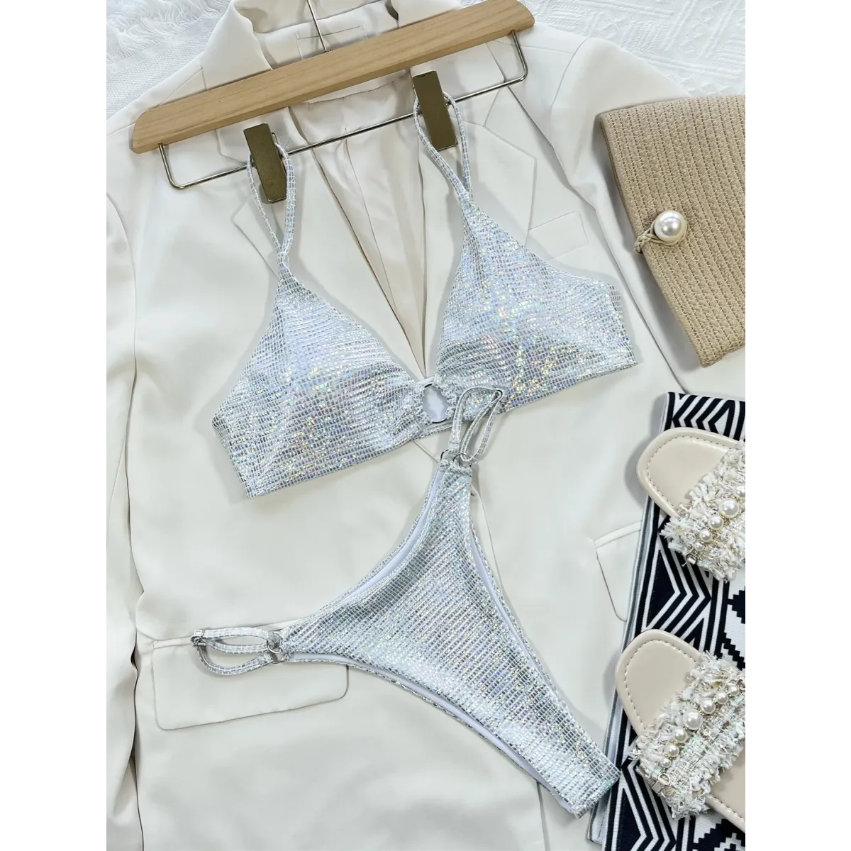 Glitter Sequin Bikini Set – Ring Detail Thong Swimwear