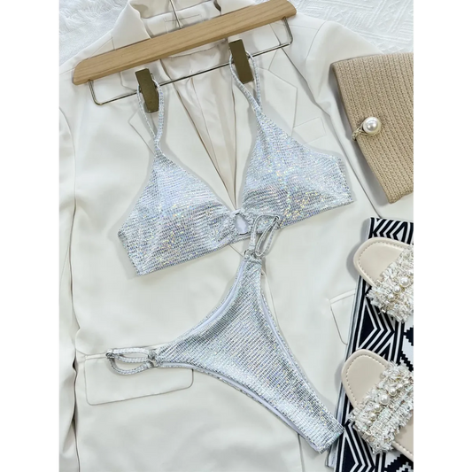 Glitter Sequin Bikini Set – Ring Detail Thong Swimwear