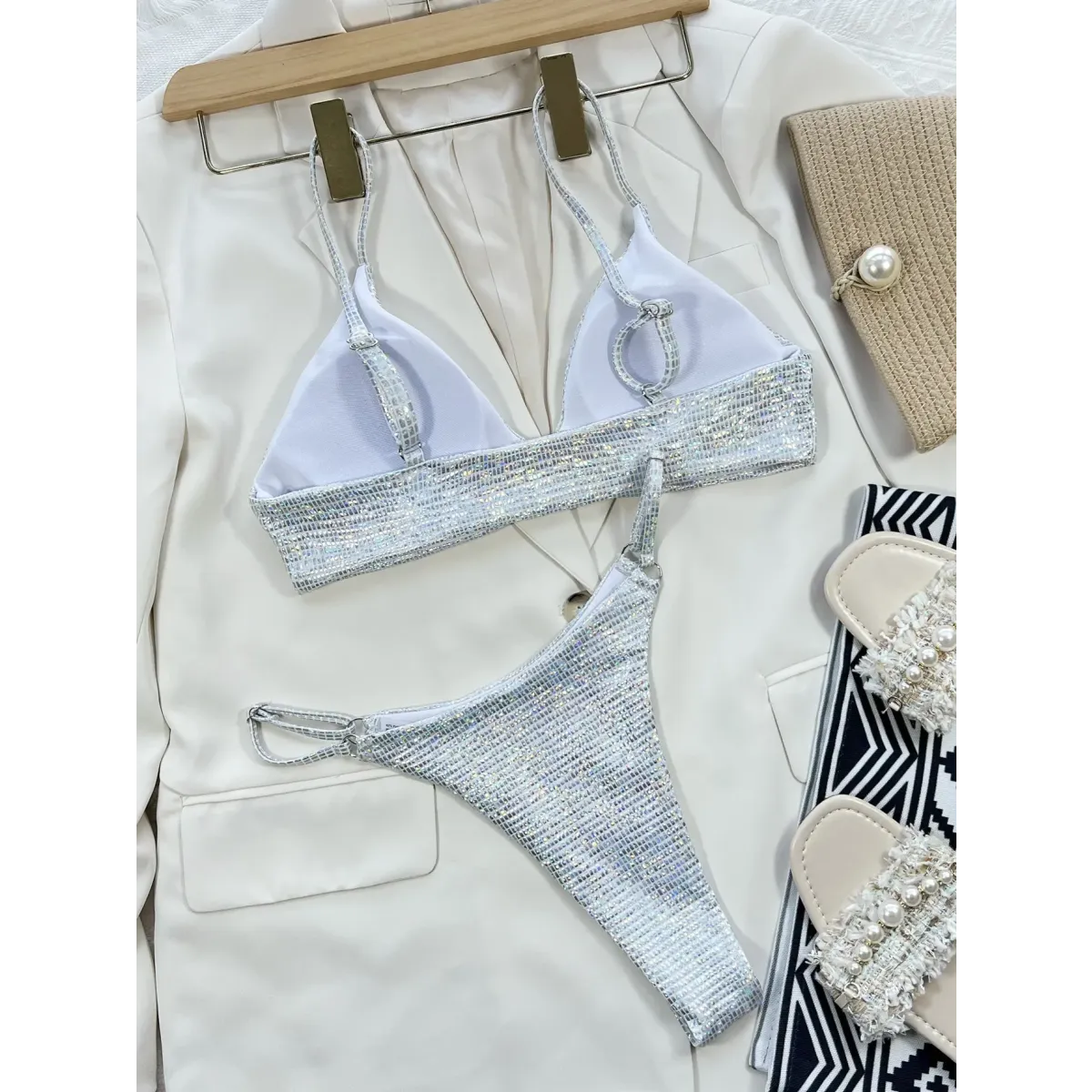 Glitter Sequin Bikini Set – Ring Detail Thong Swimwear