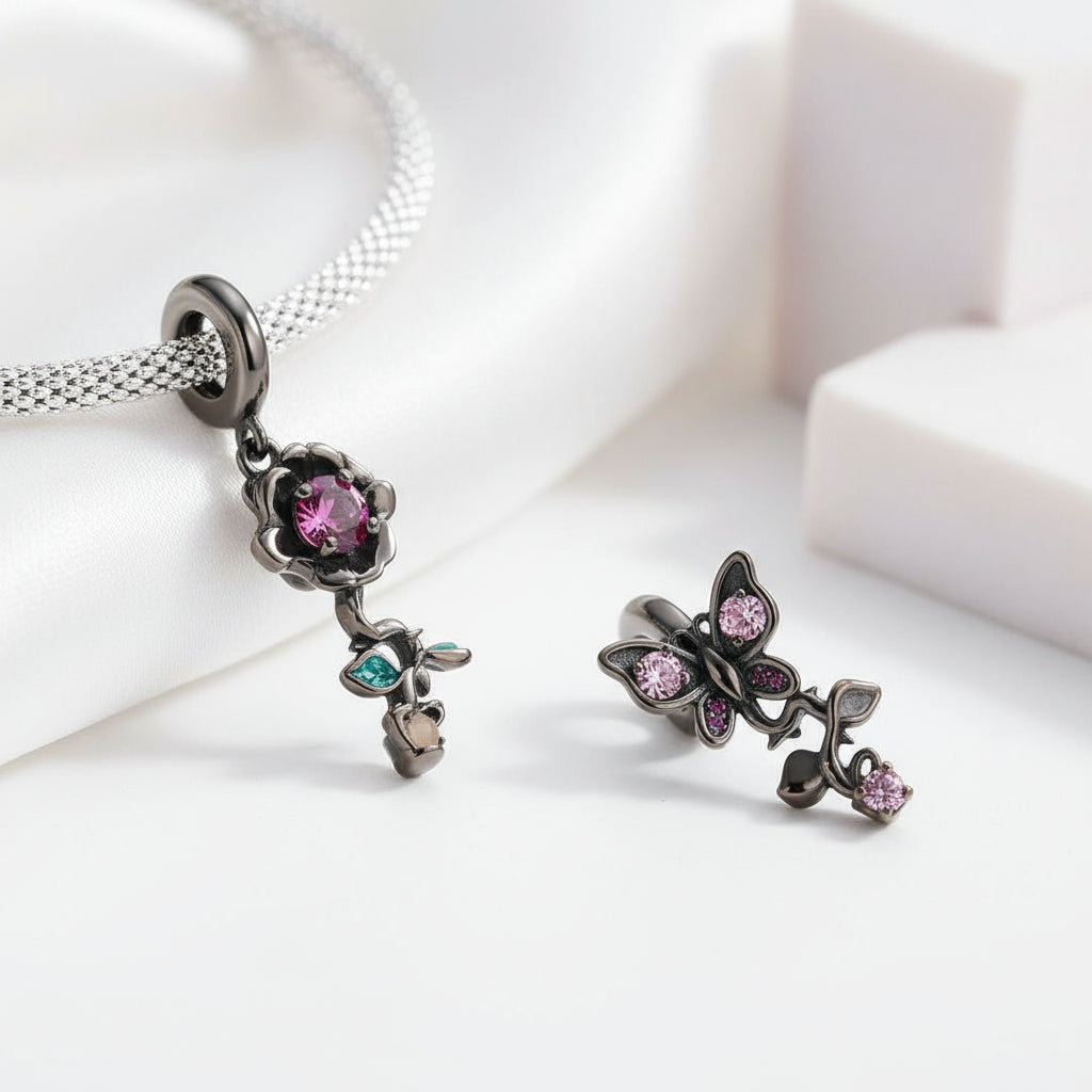 Gothic Black Moon Rose & Butterfly Charm Series