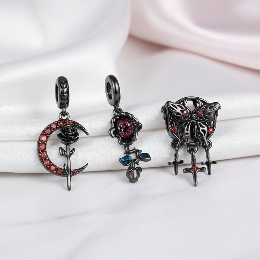 Gothic Black Moon Rose & Butterfly Charm Series