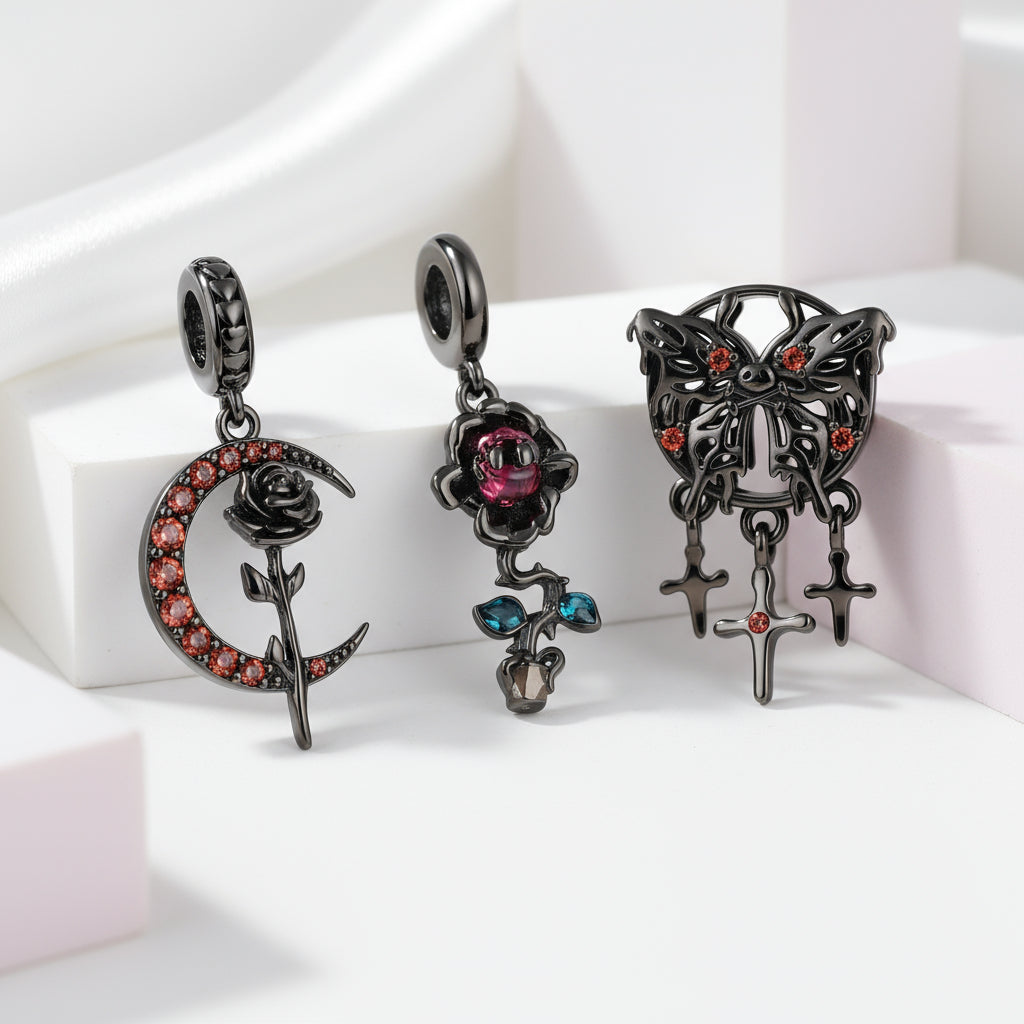 Gothic Black Moon Rose & Butterfly Charm Series