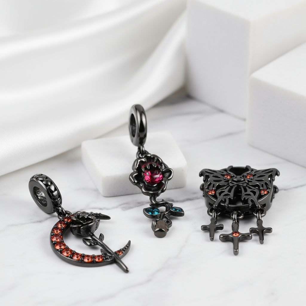 Gothic Black Moon Rose & Butterfly Charm Series