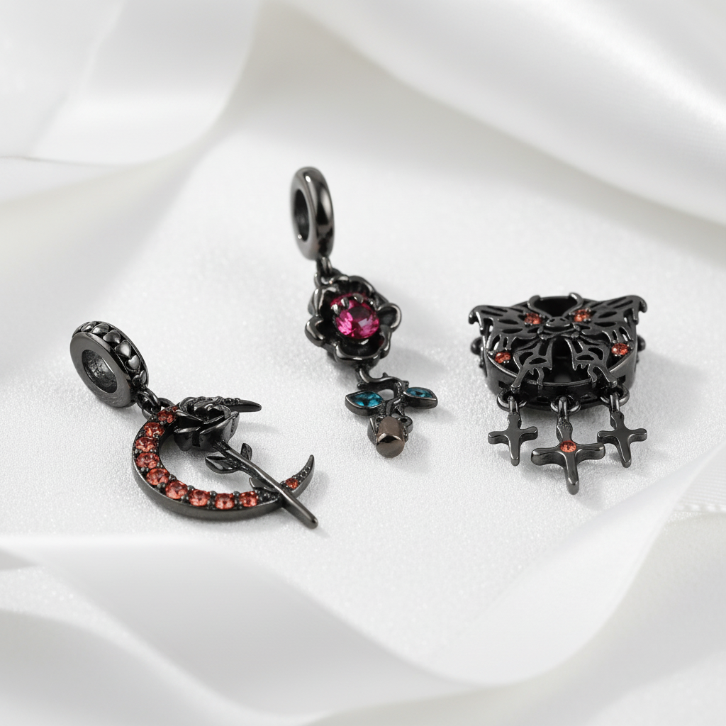 Gothic Black Moon Rose & Butterfly Charm Series