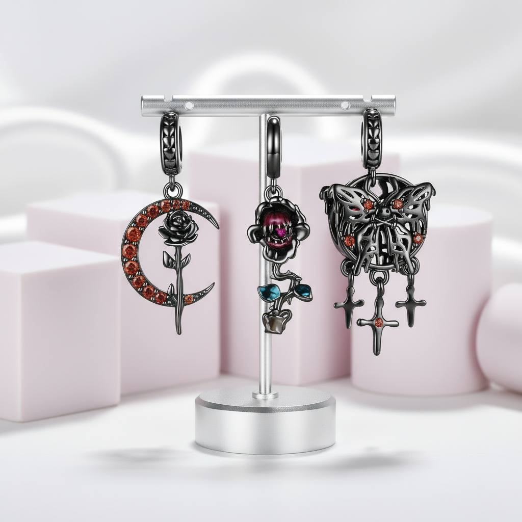 Gothic Black Moon Rose & Butterfly Charm Series