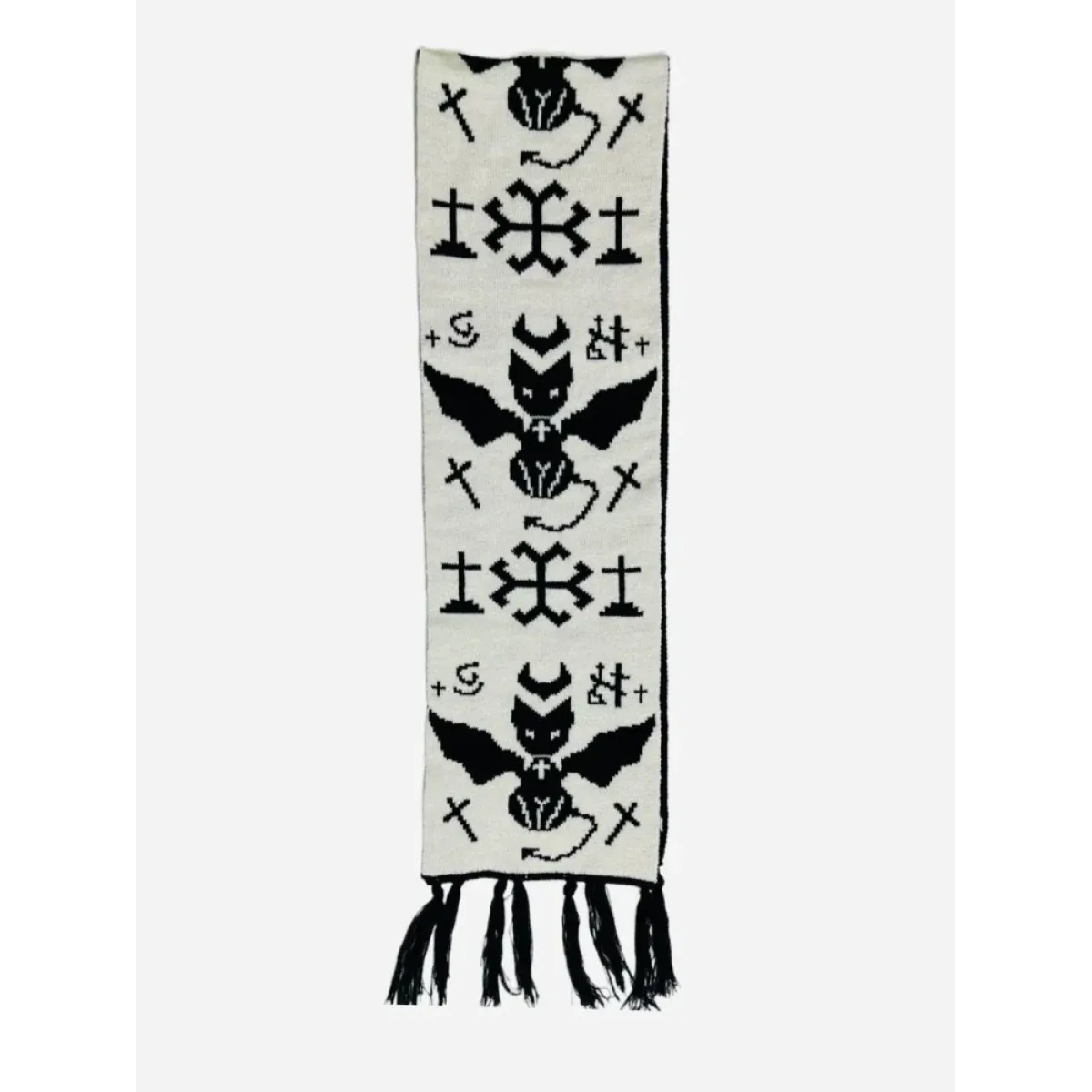 Black & White Y2K Harajuku Scarf – Gothic Cat Print with Tassels