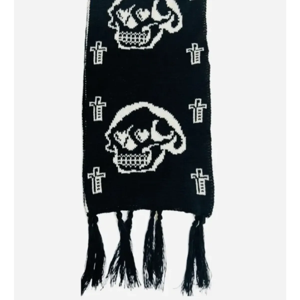 Black & White Y2K Harajuku Scarf – Gothic Cat Print with Tassels