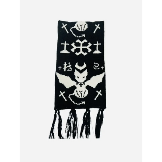Black & White Y2K Harajuku Scarf – Gothic Cat Print with Tassels