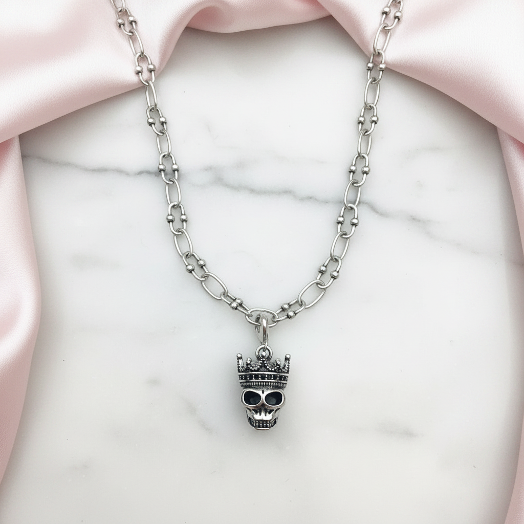 Gothic Crowned Skull King Charm Necklace