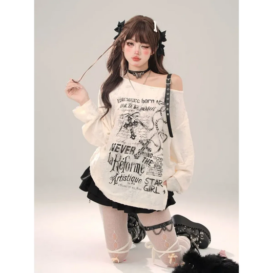 Off-Shoulder Gothic Grunge Tee – Harajuku Dark Aesthetic Top