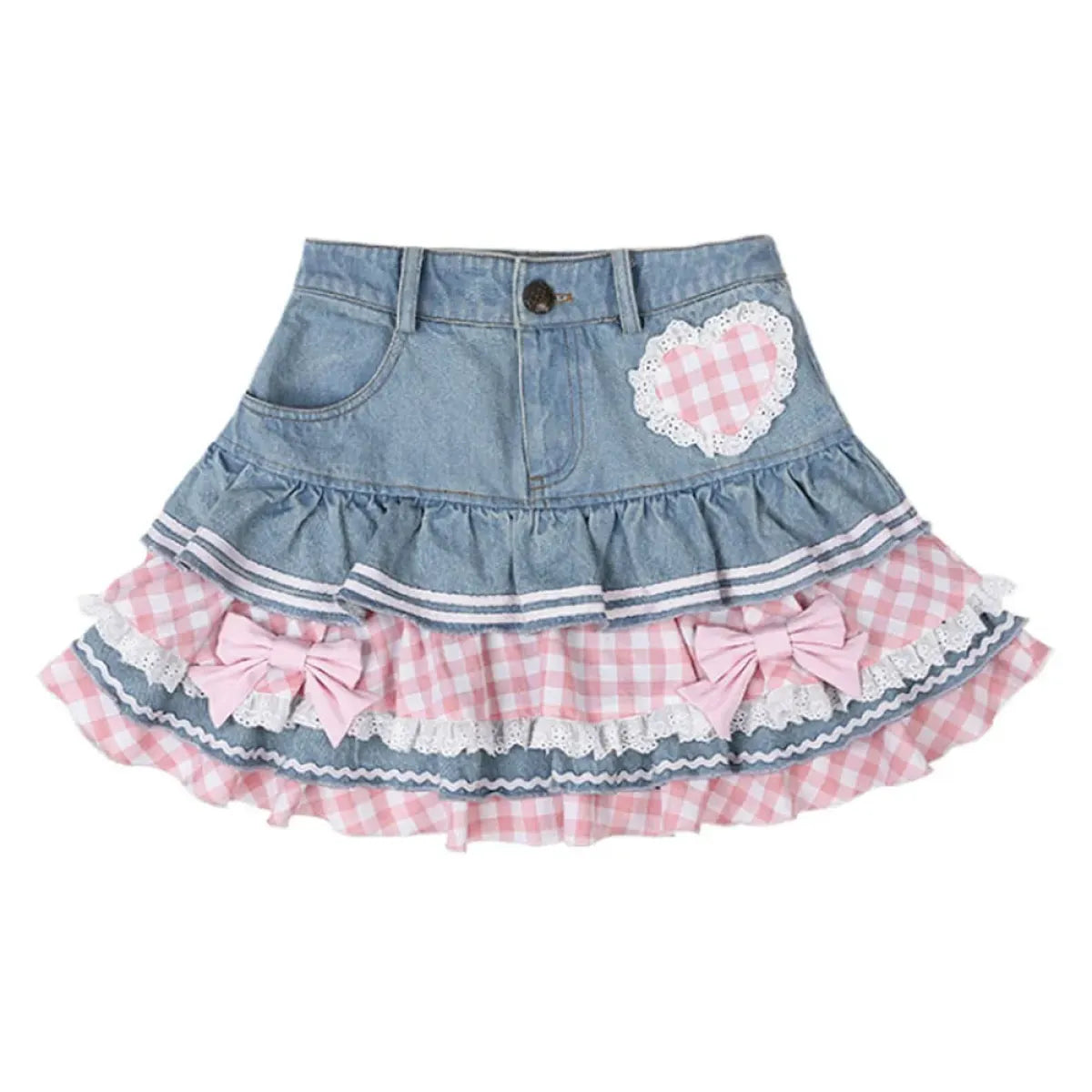 Sweet Mini Denim Skirt - Gothic Lace Plaid Hearts Ruffled Skirt