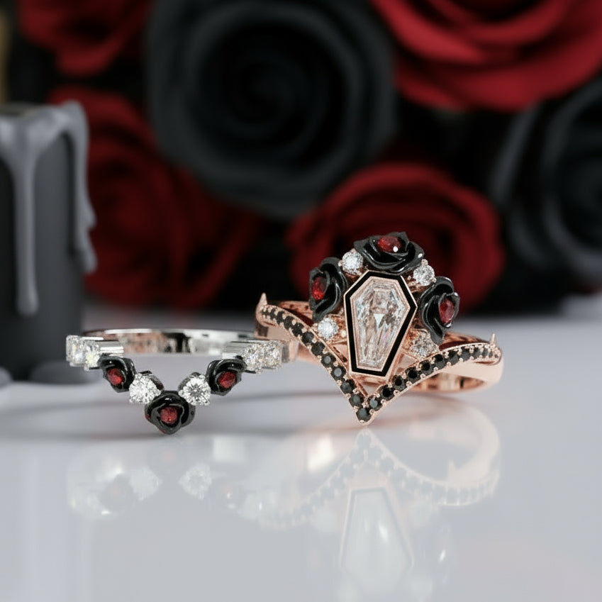 Gothic Romance Wedding Rings- Coffin Cut Diamond Option with Black Roses in 14k White Gold Band with Thorns