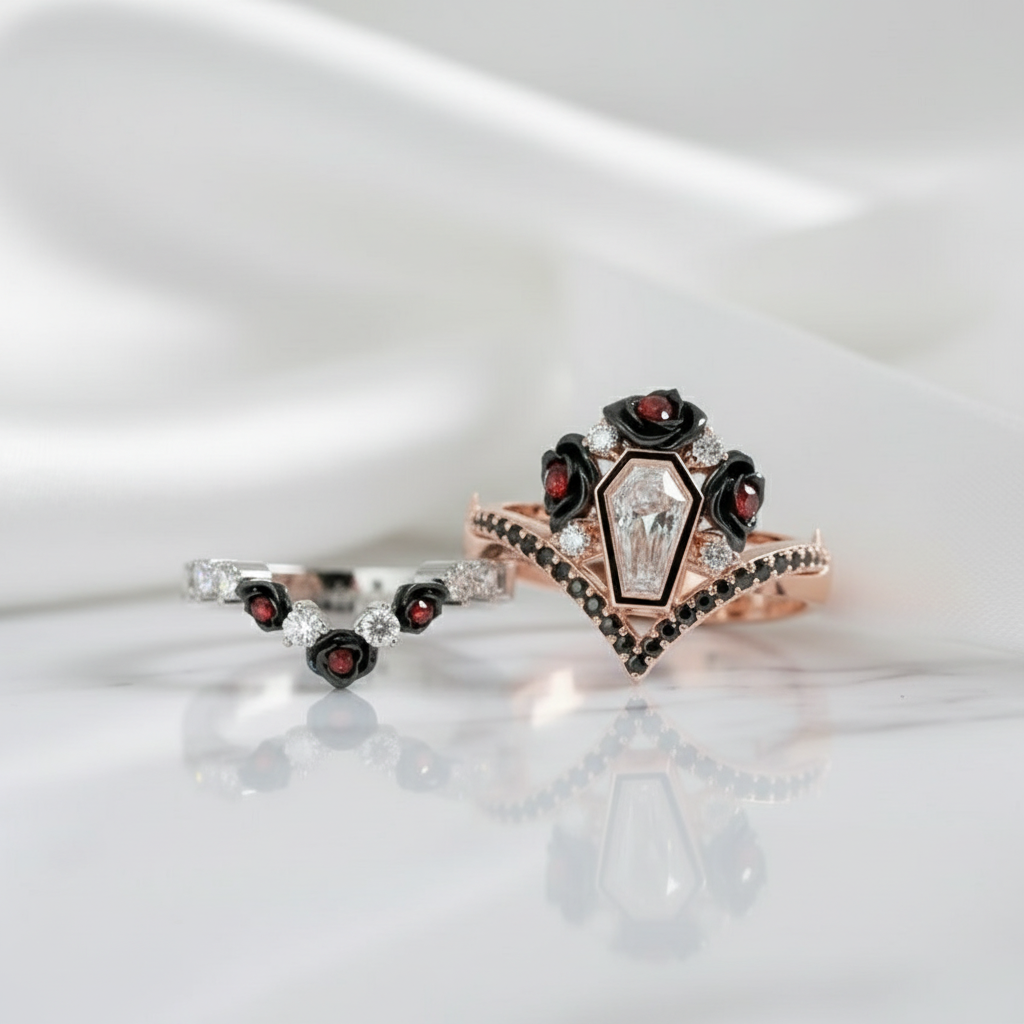 Gothic Romance Wedding Rings- Coffin Cut Diamond Option with Black Roses in 14k White Gold Band with Thorns