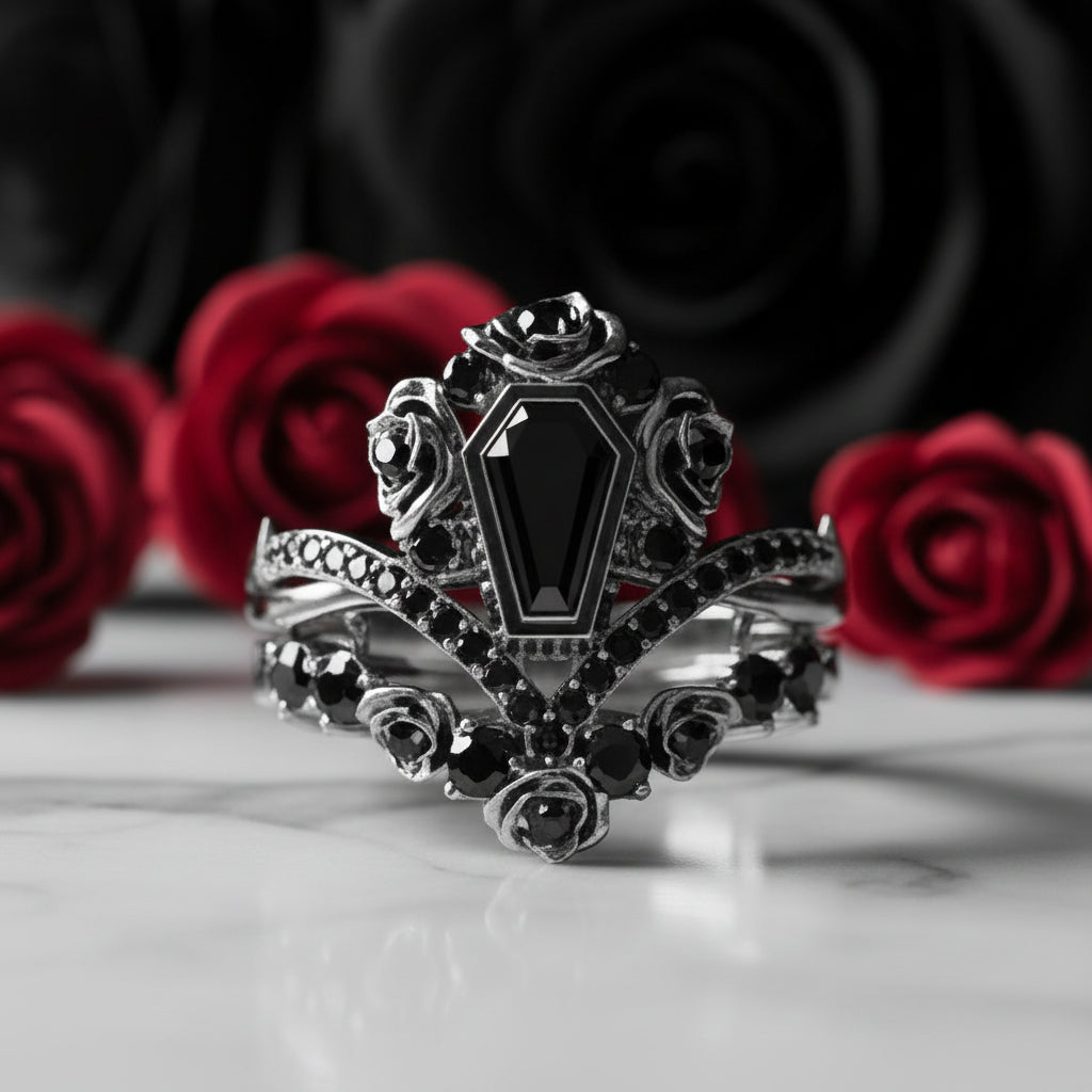 Gothic Romance Wedding Rings- Coffin Cut Diamond Option with Black Roses in 14k White Gold Band with Thorns