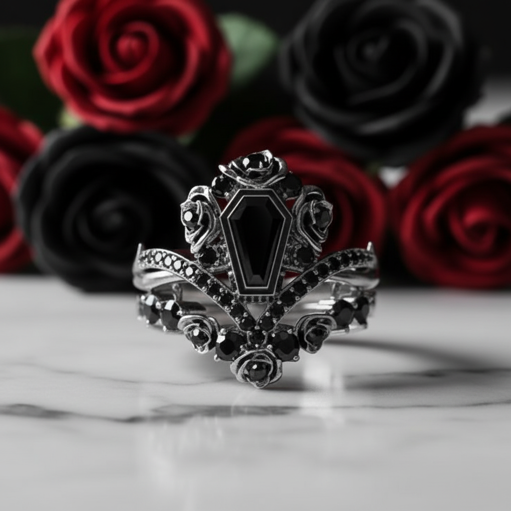 Gothic Romance Wedding Rings- Coffin Cut Diamond Option with Black Roses in 14k White Gold Band with Thorns