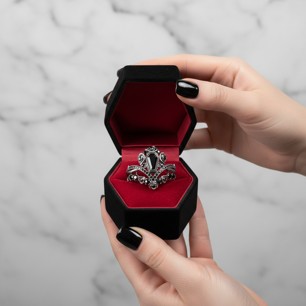 Gothic Romance Wedding Rings- Coffin Cut Diamond Option with Black Roses in 14k White Gold Band with Thorns