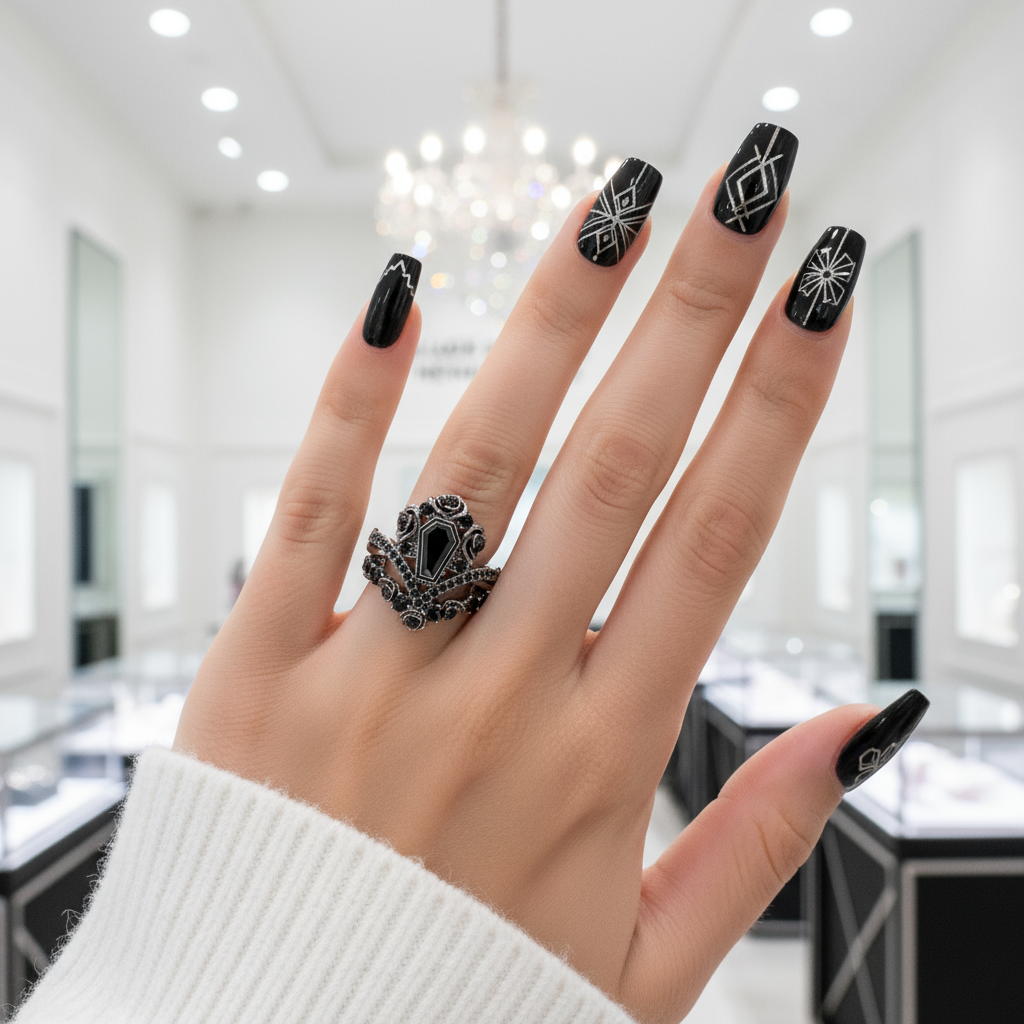 Gothic Romance Wedding Rings- Coffin Cut Diamond Option with Black Roses in 14k White Gold Band with Thorns