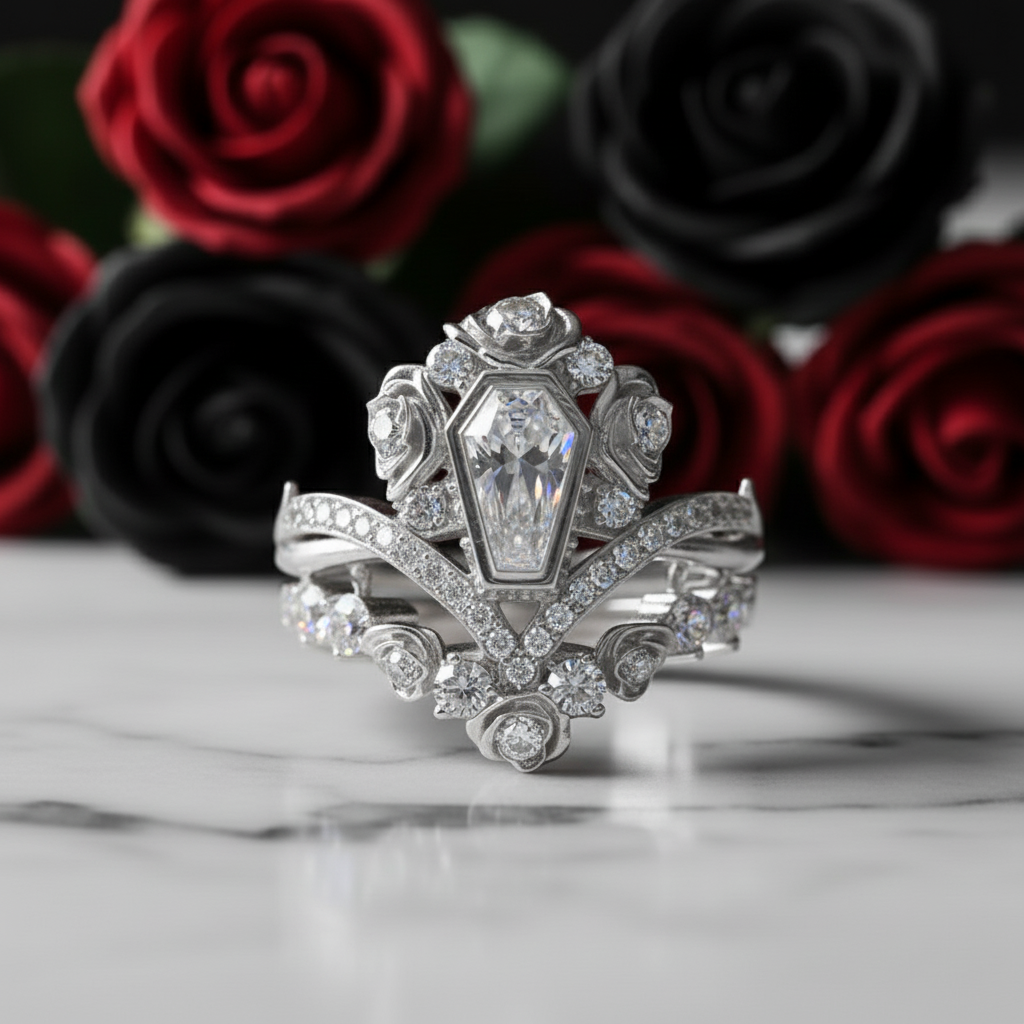 Gothic Romance Wedding Rings- Coffin Cut Diamond Option with Black Roses in 14k White Gold Band with Thorns