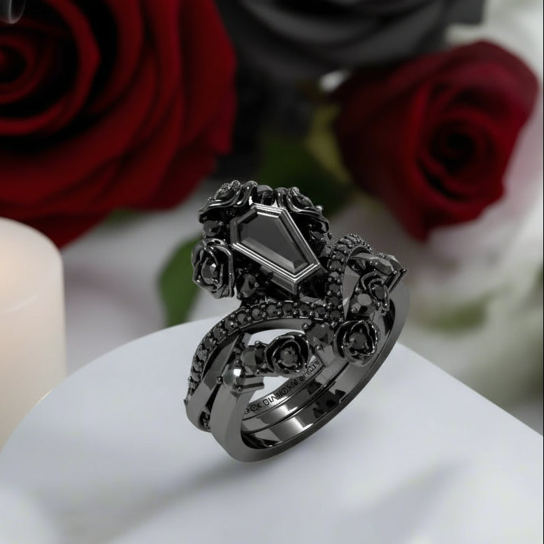 Gothic Romance Wedding Rings- Coffin Cut Diamond Option with Black Roses in 14k White Gold Band with Thorns