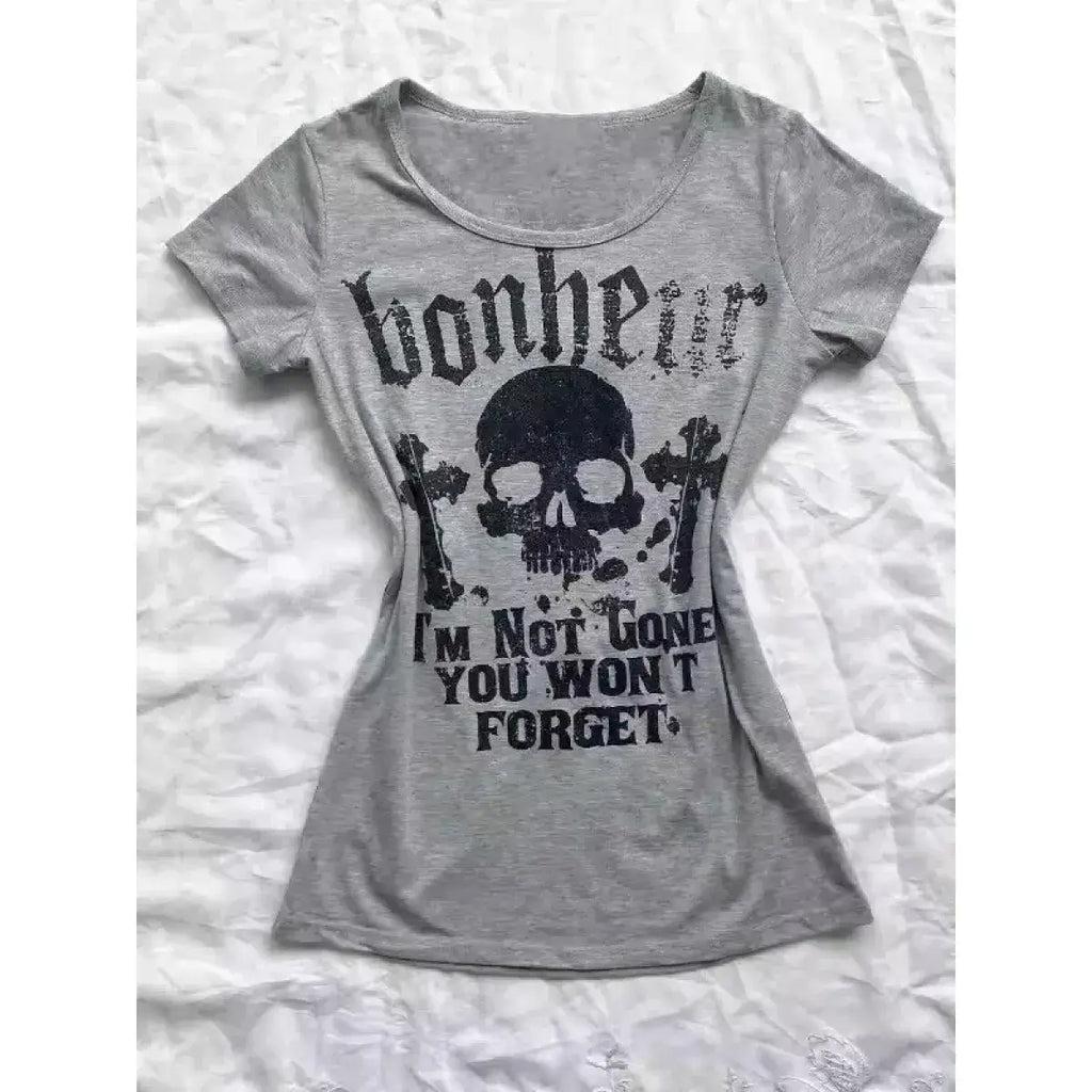 Gothic Punk Skull Print Tee – Y2K Vintage Slim Fit Top