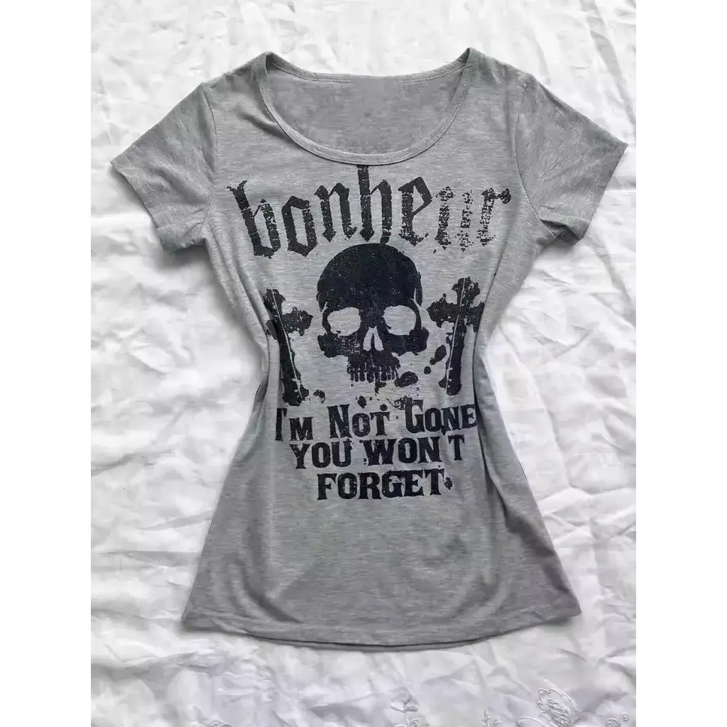 Gothic Punk Skull Print Tee – Y2K Vintage Slim Fit Top