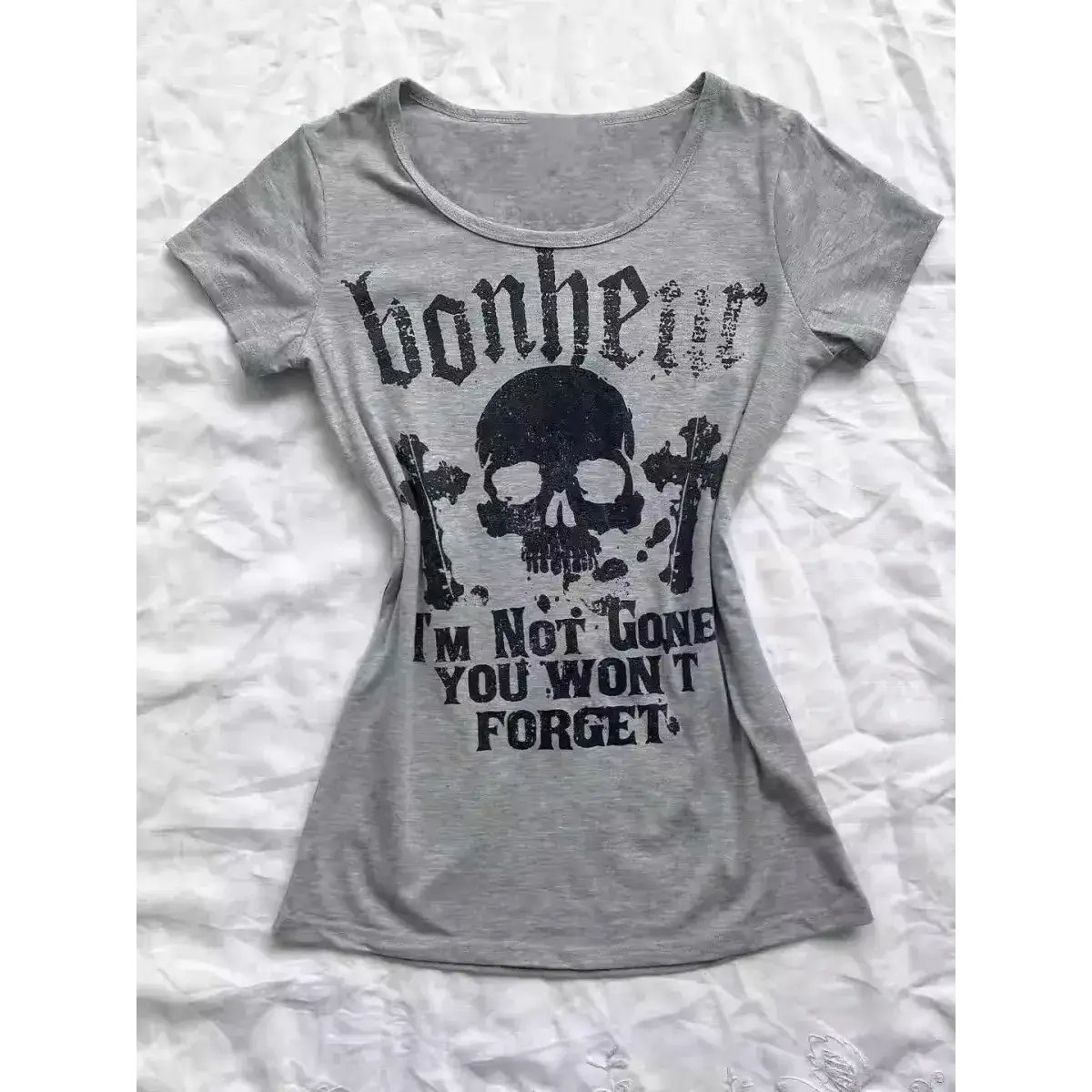 Gothic Punk Skull Print Tee – Y2K Vintage Slim Fit Top