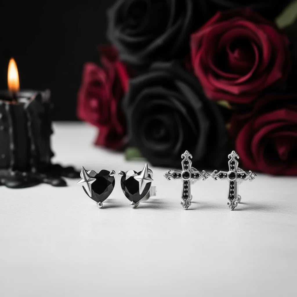 Gothic Stud Earrings with Black Diamond Option