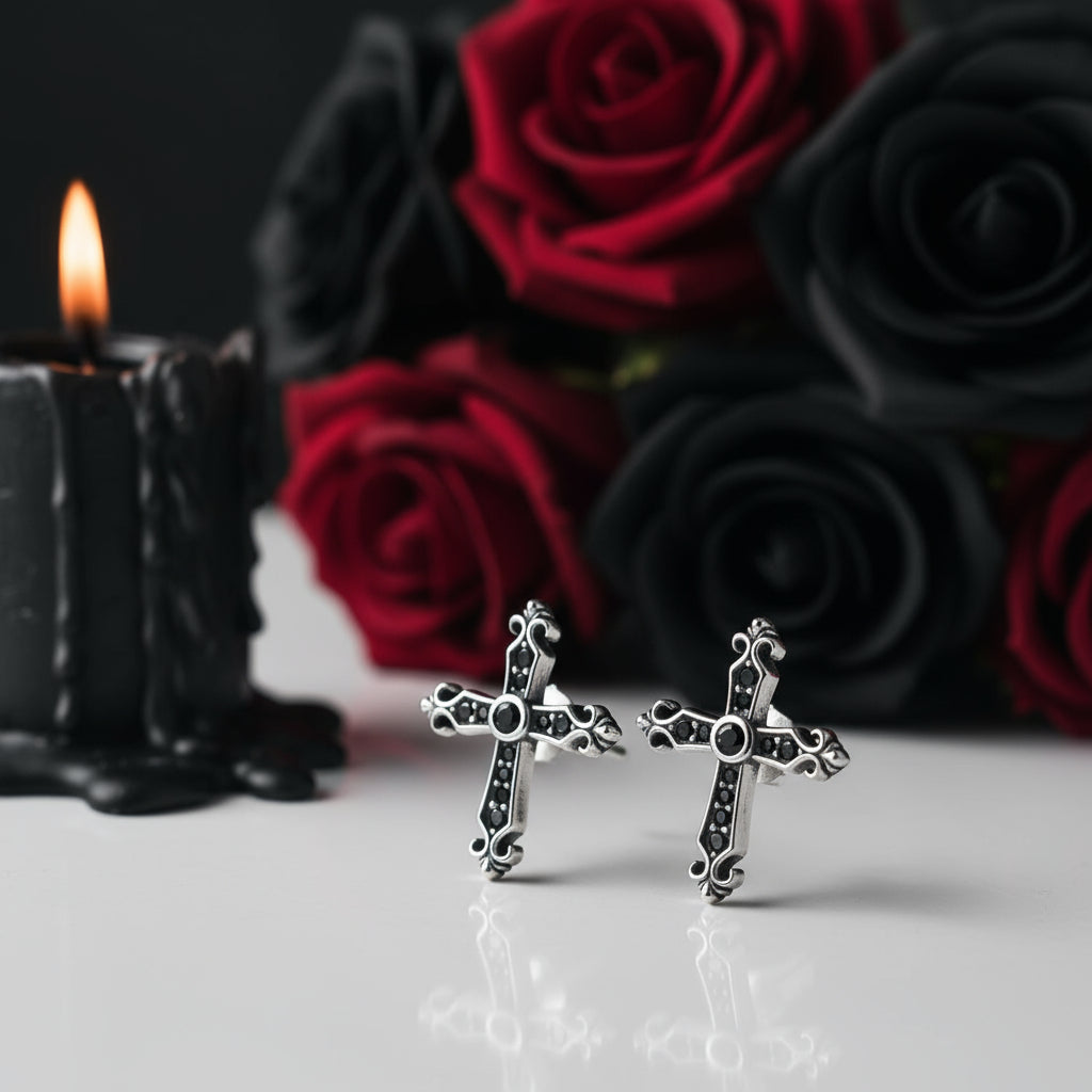 Gothic Stud Earrings with Black Diamond Option