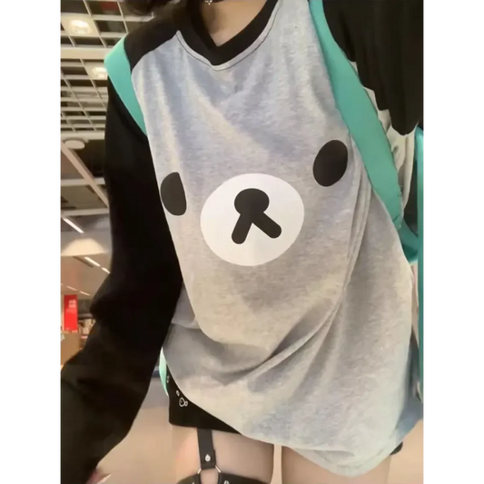 Gray Kawaii Bear Oversized T-Shirt – Harajuku Long Sleeve Top Y2K Style