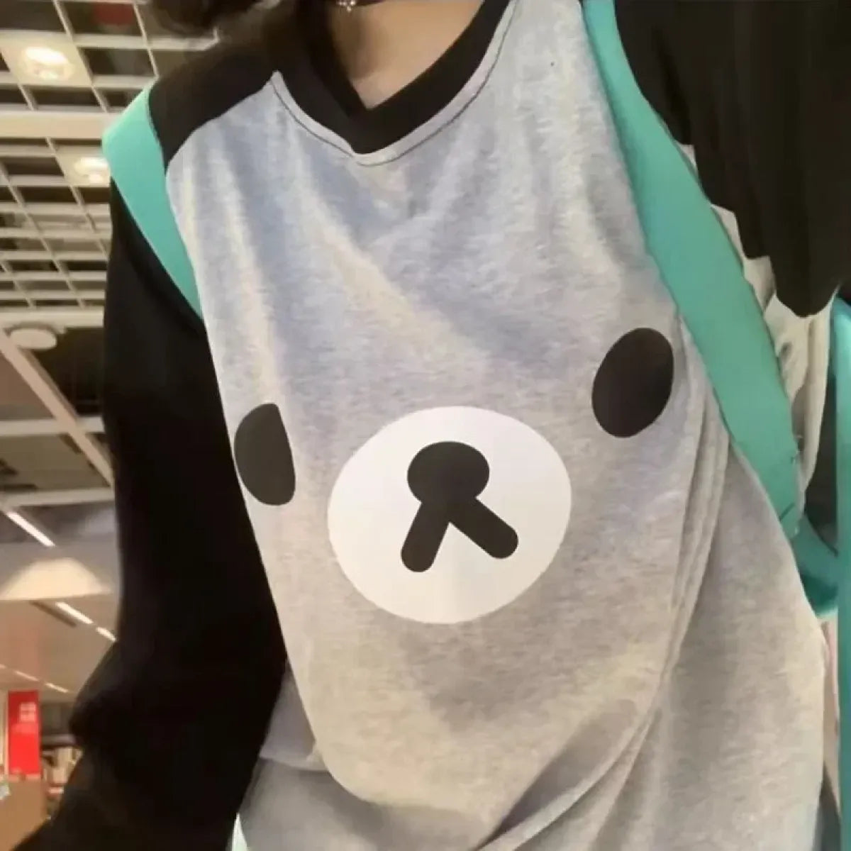 Gray Kawaii Bear Oversized T-Shirt – Harajuku Long Sleeve Top Y2K Style