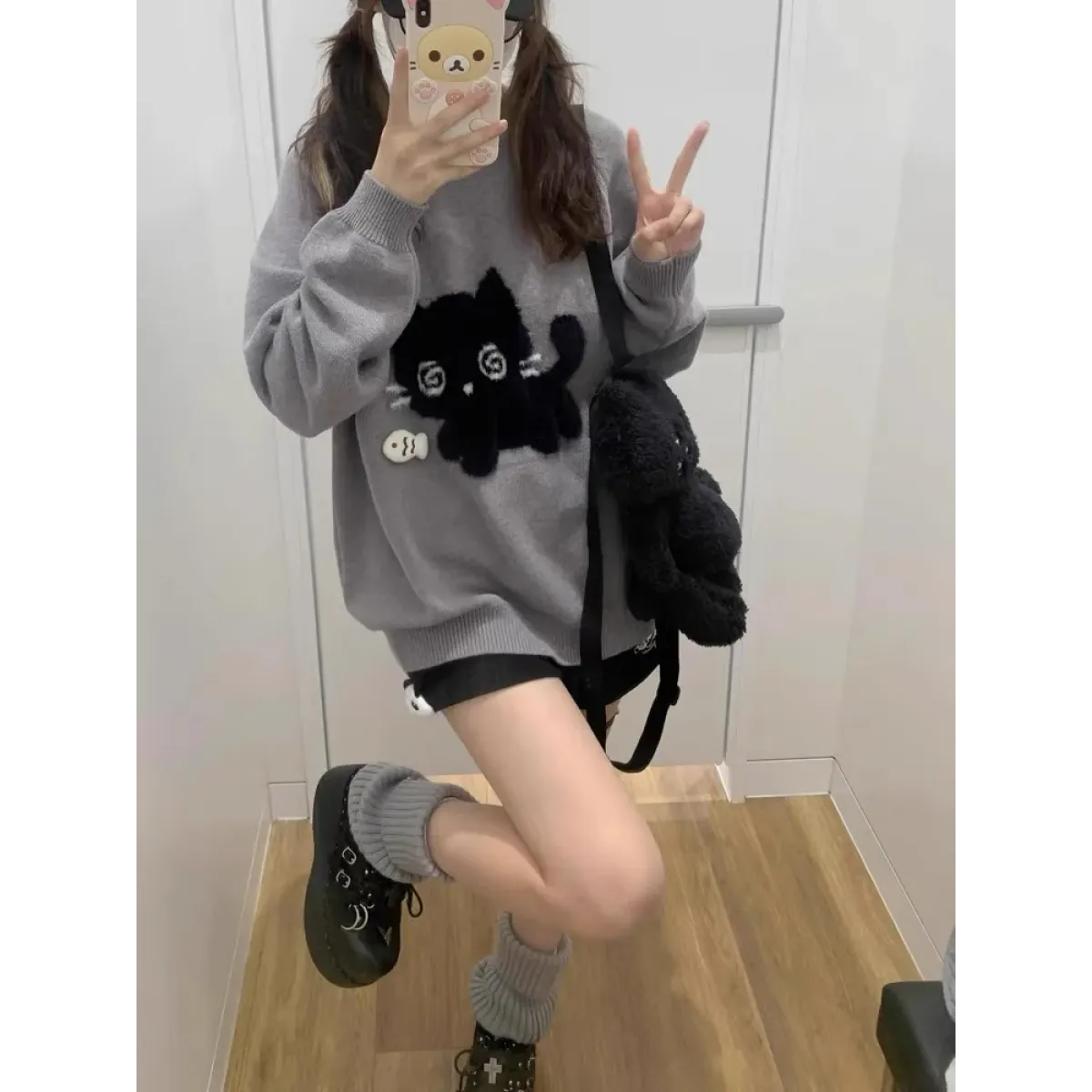 Gray Kawaii Cat Sweater Oversized Harajuku Soft Girl Pullover
