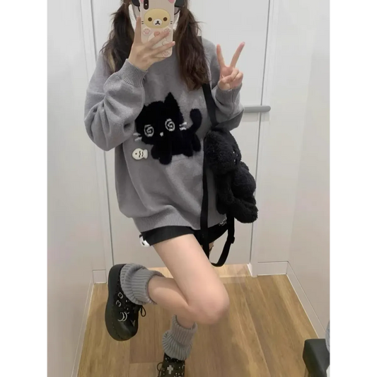 Gray Kawaii Cat Sweater Oversized Harajuku Soft Girl Pullover