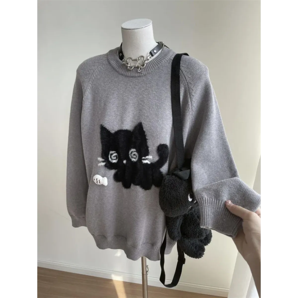 Gray Kawaii Cat Sweater Oversized Harajuku Soft Girl Pullover