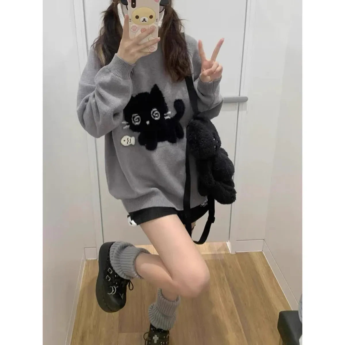 Gray Kawaii Cat Sweater Oversized Harajuku Soft Girl Pullover