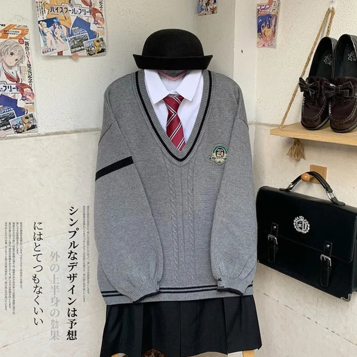 Gray Preppy Knitted Sweater – Vintage Oversized Japanese Style Pullover