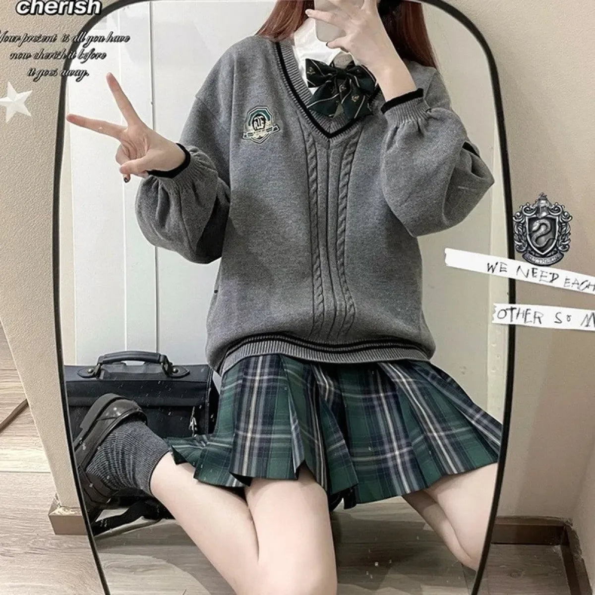 Gray Preppy Knitted Sweater – Vintage Oversized Japanese Style Pullover