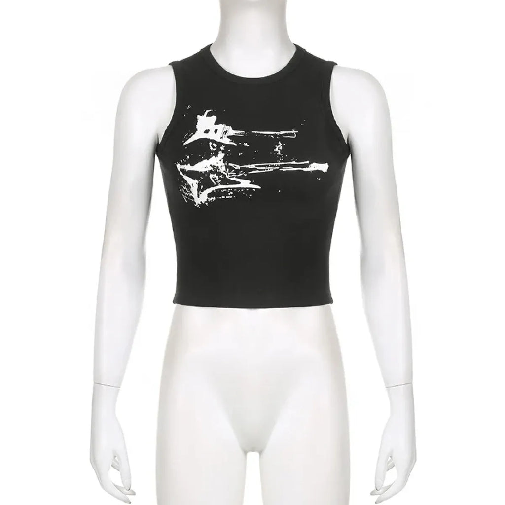 Guitar Print Tank Top - Ribbed Grunge Crop Top